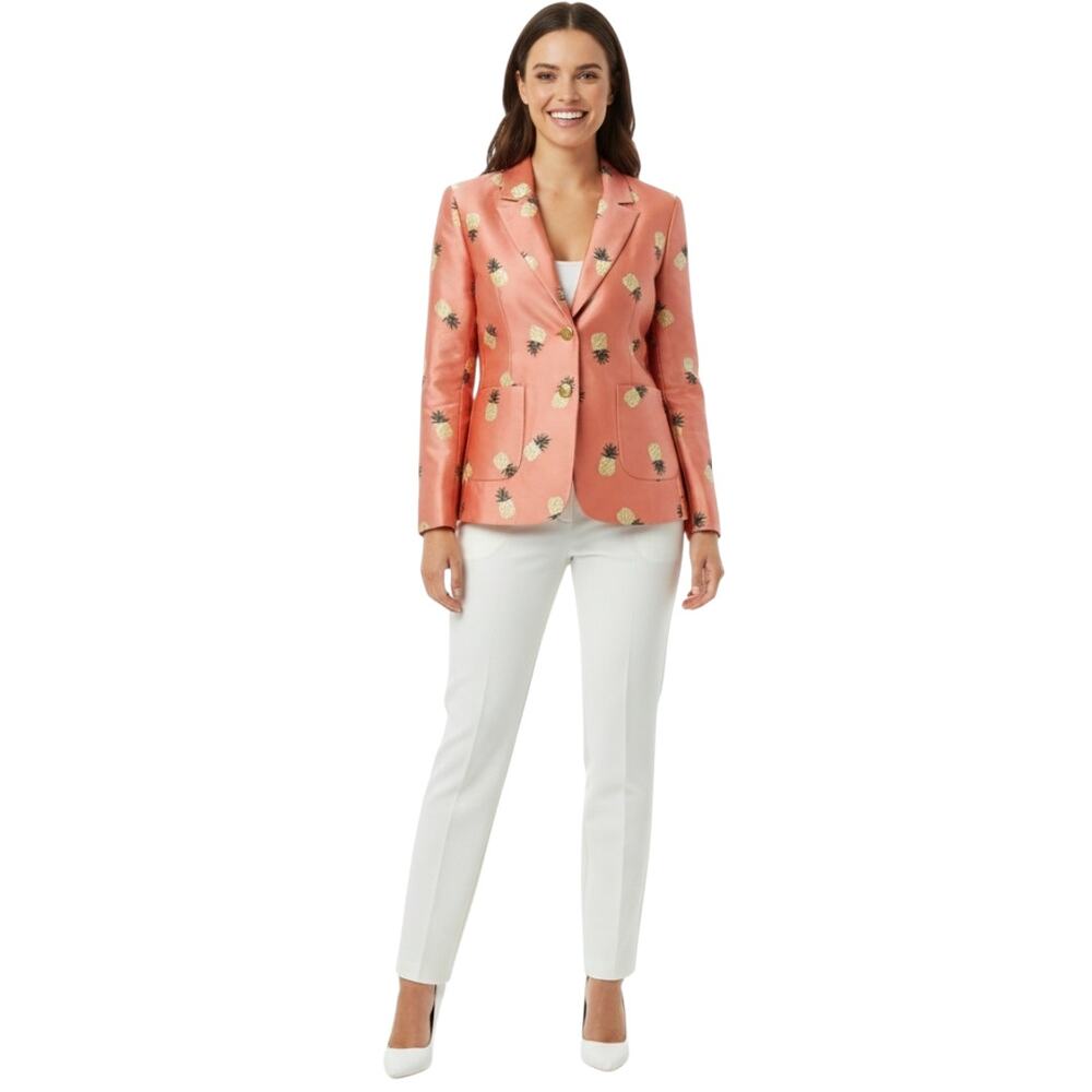 Kate Spade Women Blazer Jacket Size 4 Pink Pineapple Print Tailored Quiet Luxury